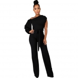 Black One Sleeve Halter O-Neck Slim Solid Women Fashion Jumpsuit