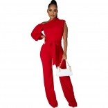 Red One Sleeve Halter O-Neck Slim Solid Women Fashion Jumpsuit