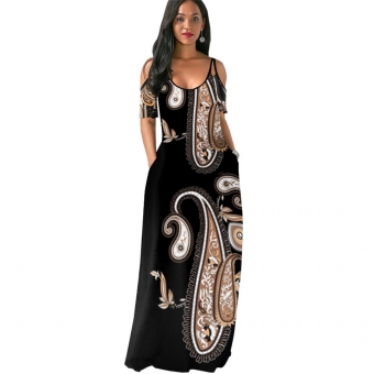 Black Sleeveless Halter V-Neck Printed Fashion Jersey Long Dress