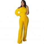 Yellow One Sleeve Halter O-Neck Slim Solid Women Fashion Jumpsuit
