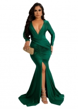 Green Long Sleeve Deep V-Neck Bodycon Pleated Sexy Slit Evening Maxi Dress
