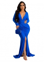 Blue Long Sleeve Deep V-Neck Bodycon Pleated Sexy Slit Evening Maxi Dress