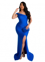 Blue Sleeveless Off-Shoulder Pleated Bandage Sexy Evening Long Dress