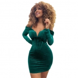Green Long Sleeve Low-Cut Velvet Bodycon Sexy Mini Dress