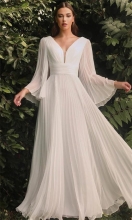 White Mesh Long Sleeve Low-Cut V-Neck Chiffion Women Maxi Dress