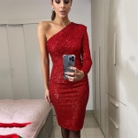 Red One Sleeve Boat-Neck Sequin Sexy Bodycon Midi Dress