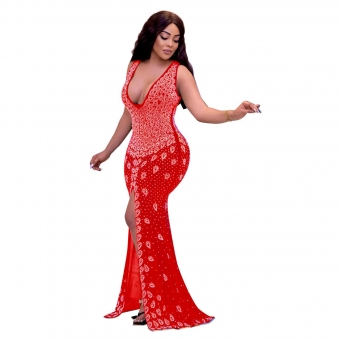 Red Sleeveless Deep V-Neck Low-Cut Bodycon Slit Rhinestone Evening Dress