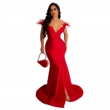 Red Low-Cut V-Neck Feather Bodycon Sexy Slit Party Evening Long Dress