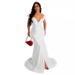White Low-Cut V-Neck Feather Bodycon Sexy Slit Party Evening Long Dress