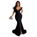 Black Low-Cut V-Neck Feather Bodycon Sexy Slit Party Evening Long Dress