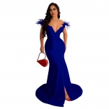 Blue Low-Cut V-Neck Feather Bodycon Sexy Slit Party Evening Long Dress