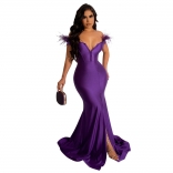 Purple Low-Cut V-Neck Feather Bodycon Sexy Slit Party Evening Long Dress