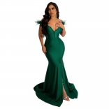 Green Low-Cut V-Neck Feather Bodycon Sexy Slit Party Evening Long Dress
