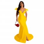 Yellow Low-Cut V-Neck Feather Bodycon Sexy Slit Party Evening Long Dress