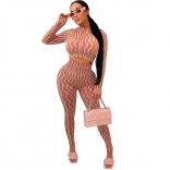 Pink Long Sleeve Zipper O-Neck Printed Bodycon Sexy Jumpsuit