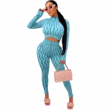 Blue Long Sleeve Zipper O-Neck Printed Bodycon Sexy Jumpsuit