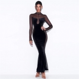 Black Meh Long Sleeve Sexy Women Slim Club Maxi Dress