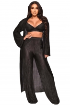 Black Low-Cut Long Sleeve Pleated Women Fashion 3PCS Catsuit Dress