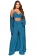 Blue Low-Cut Long Sleeve Pleated Women Fashion 3PCS Catsuit Dress