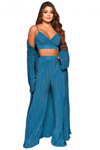 Blue Low-Cut Long Sleeve Pleated Women Fashion 3PCS Catsuit Dress