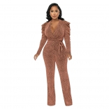 Pink Long Sleeve Deep V-Neck Knitting Sexy Fashion Jumpsuit