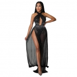 Black Sleeveless Halter Deep V-Neck Mesh Rhinestone Sexy Maxi Dress
