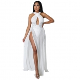 White Sleeveless Halter Deep V-Neck Mesh Rhinestone Sexy Maxi Dress