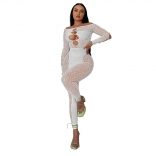 White Mesh Long Sleeve Leopard Hollow-out V-Neck Sexy Jumpsuit