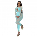 LightBlue Mesh Long Sleeve Leopard Hollow-out V-Neck Sexy Jumpsuit