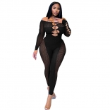 Black Mesh Long Sleeve Leopard Hollow-out V-Neck Sexy Jumpsuit