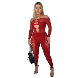 Red Mesh Long Sleeve Leopard Hollow-out V-Neck Sexy Jumpsuit