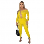 Yellow Mesh Long Sleeve Leopard Hollow-out V-Neck Sexy Jumpsuit