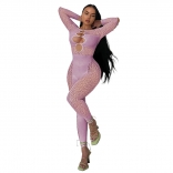 Purple Mesh Long Sleeve Leopard Hollow-out V-Neck Sexy Jumpsuit
