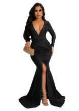 Black Long Sleeve Deep V-Neck Bodycon Pleated Sexy Slit Evening Maxi Dress