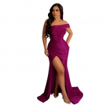 Purple Evening Off-Shoulder Silk Fashion Women Club Long Dress