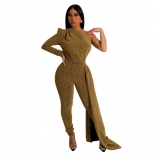 Golden One Sleeve Sexy Silk Bodycon Women Party Jumpsuit