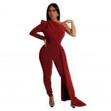 Red One Sleeve Sexy Silk Bodycon Women Party Jumpsuit