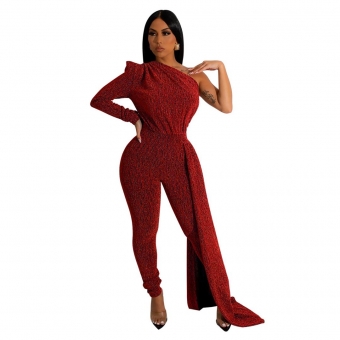 Red One Sleeve Sexy Silk Bodycon Women Party Jumpsuit