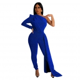 Blue One Sleeve Sexy Silk Bodycon Women Party Jumpsuit