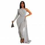 Grey One Sleeve Sexy Silk Bodycon Women Party Jumpsuit