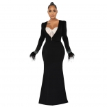 Black Feather Rhinestone Long Sleeve Bodycon 2PCS Women Sexy Maxi Dress