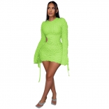 Green Long Sleeve O-Neck Hollow-out Cotton Bandage Sexy Clubwear
