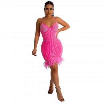 Pink Sleeveless Halter V-Neck Mesh Rhinestone Slim Feather Mini Dress