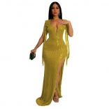 Golden Sleeveless Tassels Deep V-Neck Sequin Evening Party Long Dress