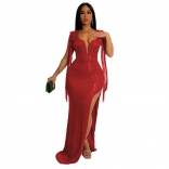 Red Sleeveless Tassels Deep V-Neck Sequin Evening Party Long Dress