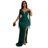 Green Sleeveless Tassels Deep V-Neck Sequin Evening Party Long Dress
