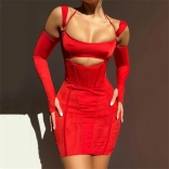 Red Long Sleeve Low-Cut Bandage Sexy Hollow-out Mini Dress