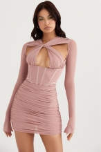Pink Long Sleeve Mesh Hollow-out Sexy Mini Dress