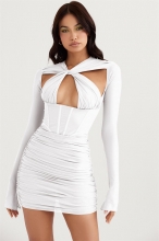 White Long Sleeve Mesh Hollow-out Sexy Mini Dress