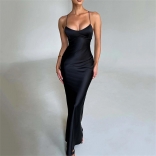 Black Sleeveless Halter Low-Cut V-Neck Bodycon Fashion Women Maxi Dress
